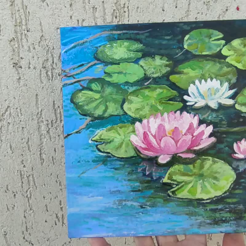 Lotus Painting Flowers Original Art Oil Canvas Water Lilies 20x20 Pond Wall Art - 海報/掛畫/掛布 - 其他材質 粉紅色