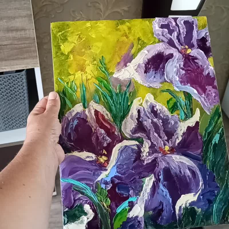 Iris Painting Flower Original Art Iris Oil Painting on Canvas board 35x27cm - 海報/掛畫/掛布 - 其他材質 紫色