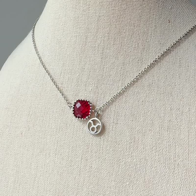 [12 Constellation Series] Hemmed square glass Stone necklace birthday gift best friend gift - สร้อยคอ - โลหะ สีแดง