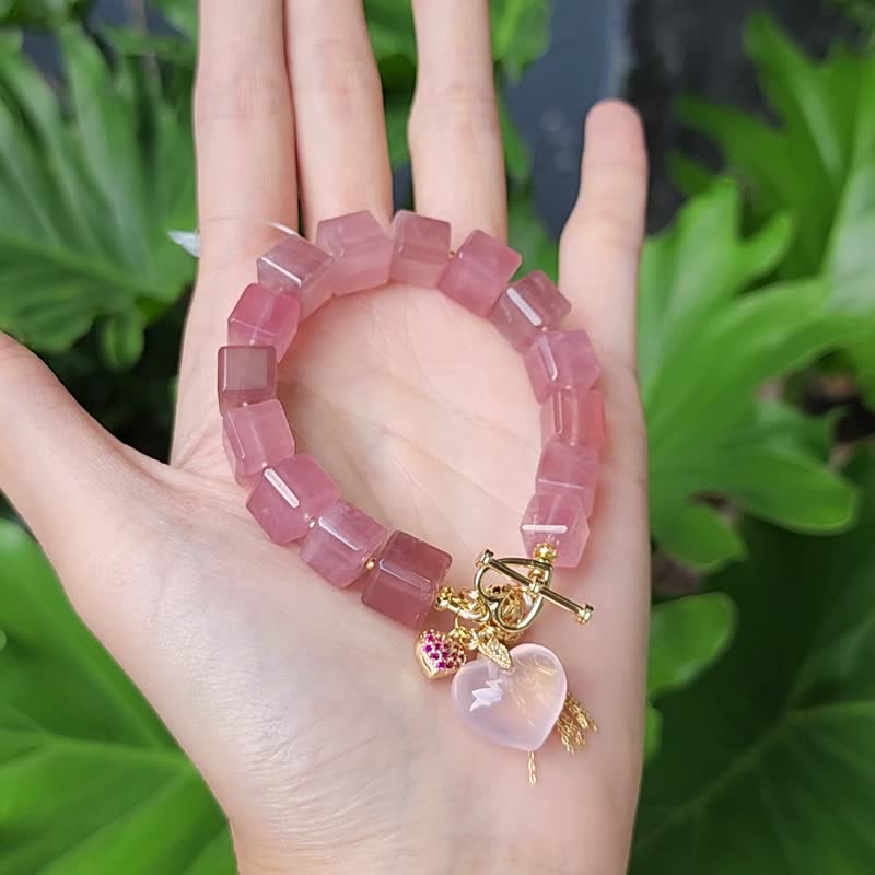 稀有酒紅粉晶魔方 星光粉晶 心想事成 人緣 愛情 手鍊 單品 禮物 - 手鍊/手環 - 寶石 紅色