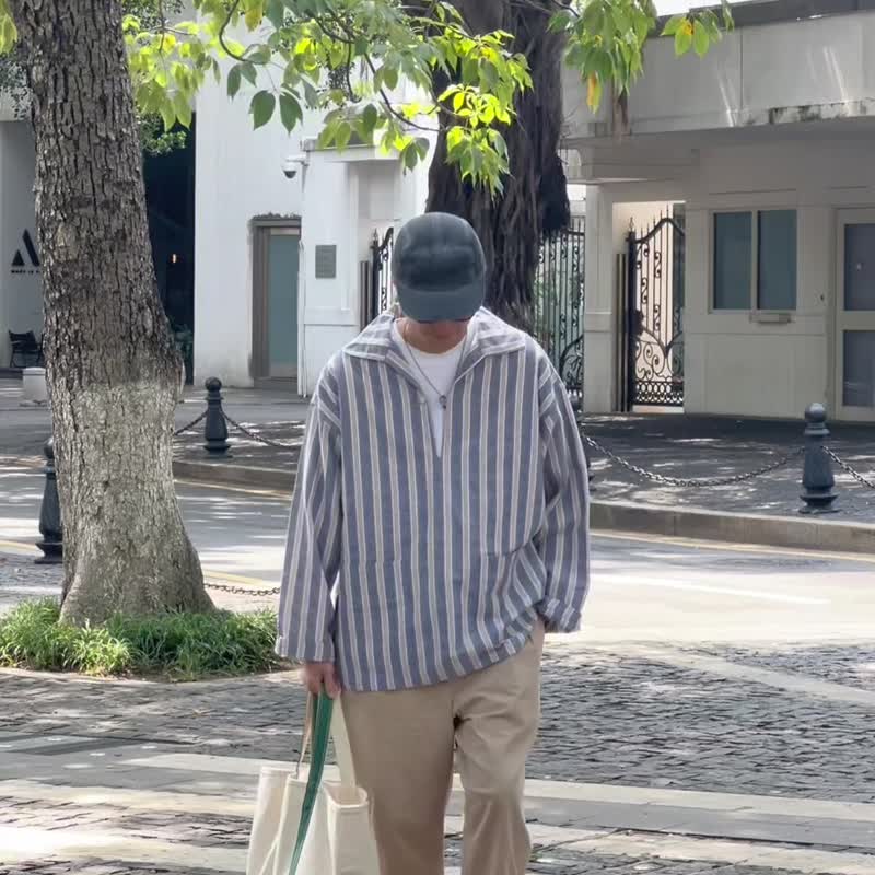 SHIRT 秋季日系口袋拼色襯衫 寬鬆套頭舒適休閒條紋長袖衫 - 男襯衫/休閒襯衫 - 棉．麻 藍色