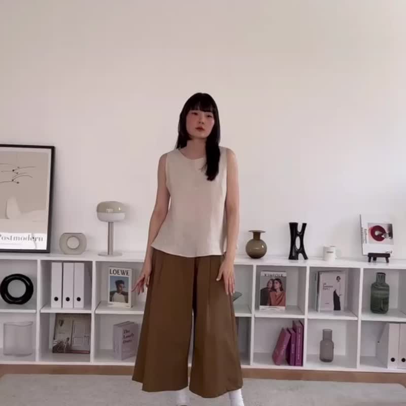 Square Sleeveless Linen Blouse - Natural - 女上衣/長袖上衣 - 亞麻 卡其色