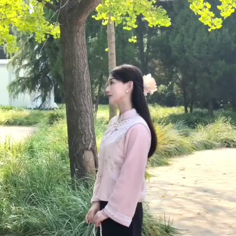 粉梅花蝴蝶 假兩件上衣夾棉棉衣 立領新中式倒大袖漢服唐裝外套 - 女大衣/外套 - 其他人造纖維 粉紅色