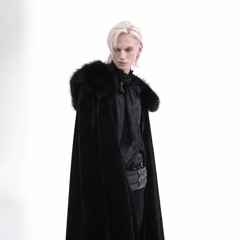 Gothic Wizard Plush Collar Fringed Cape/Detachable Fur Collar - เสื้อโค้ทผู้ชาย - วัสดุอื่นๆ สีดำ