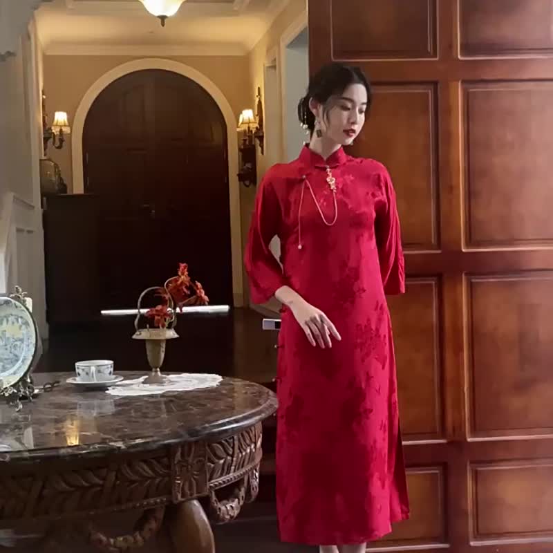 紅色 有鳳來儀 全開襟開衩盤扣旗袍  復古改良中式新娘敬酒服禮服 - 旗袍/改良式旗袍 - 聚酯纖維 紅色
