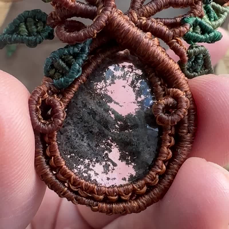 N883 民族風 蠟線編織 花幽靈水晶 生命之樹 項鍊 (可調長度) - 項鍊 - 寶石 咖啡色