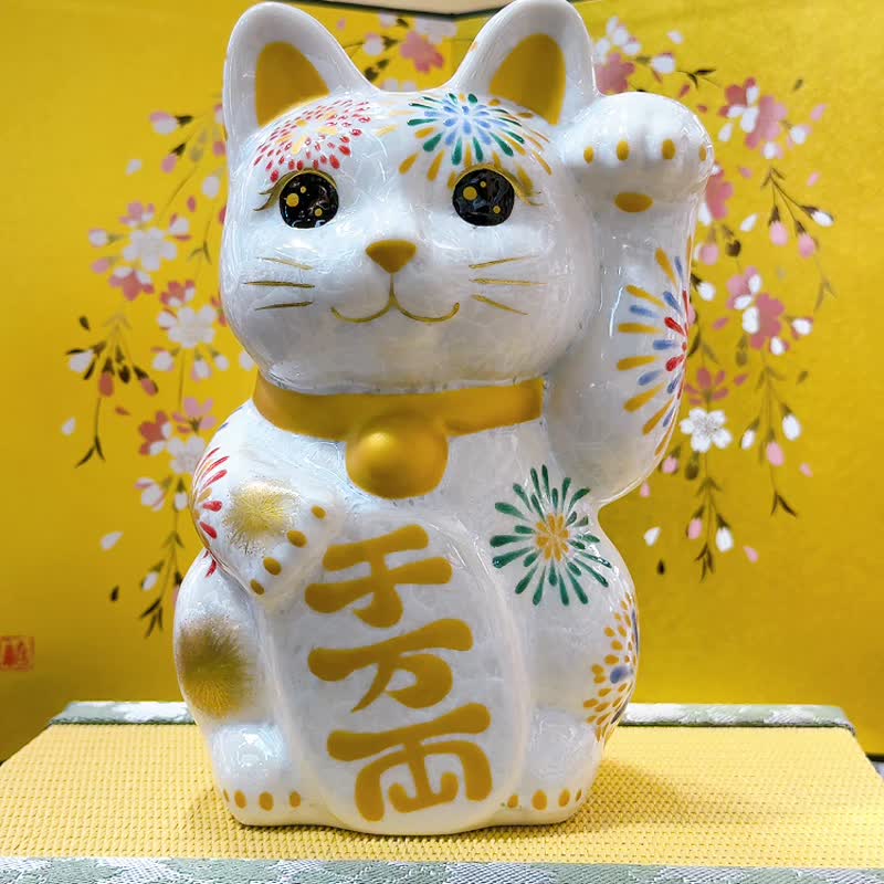 【炫華聚福】日本清水燒招財貓 | 色繪 - 花火 特大 - 擺飾/家飾品 - 瓷 白色