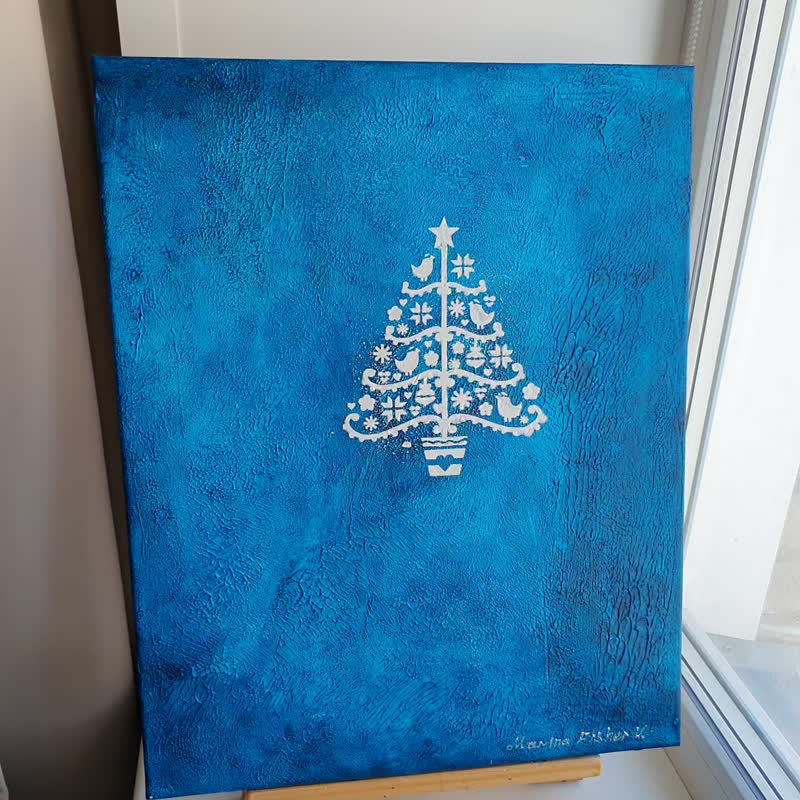 Christmas Spruce Tree Painting Pine Tree Original Art Holiday Winter Sequoia - โปสเตอร์ - วัสดุอื่นๆ สีน้ำเงิน