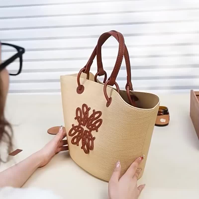 diy手工包草編織牛皮沙灘包單肩手提菜籃子腋下托特材料包 - 束口袋/束口背包/水桶包 - 其他材質 