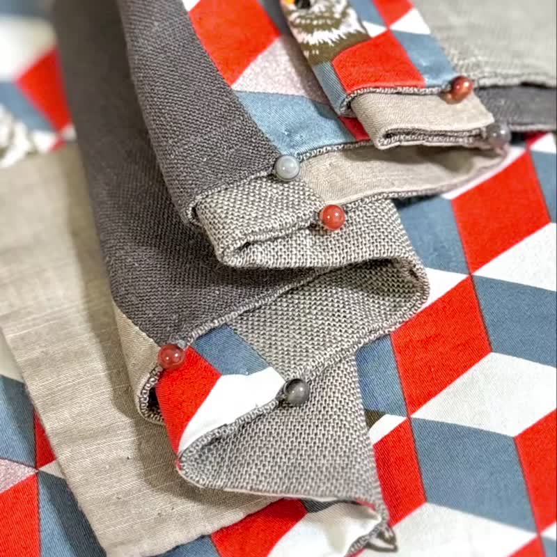 純手作/日本印花狐狸銀色橘灰方格拼接幾何純棉圍巾披肩 - 圍巾/披肩 - 棉．麻 橘色