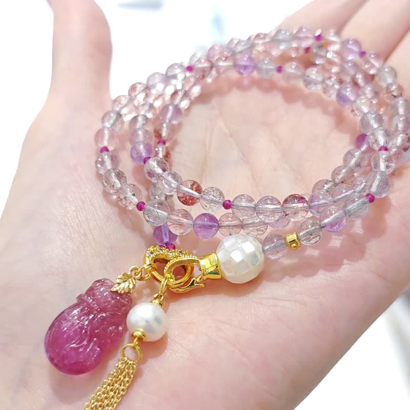 Super Seven Crystal Clear Ruby Tourmaline Lucky Bag Pearl 3 Circle Bracelet Necklace 2 Use Single Product - Bracelets - Gemstone Purple