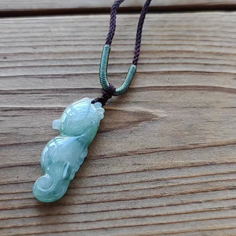 Pro-Cui natural jade ice floating flower double-sided fat little seahorse adjustable rope chain - Necklaces - Jade Multicolor