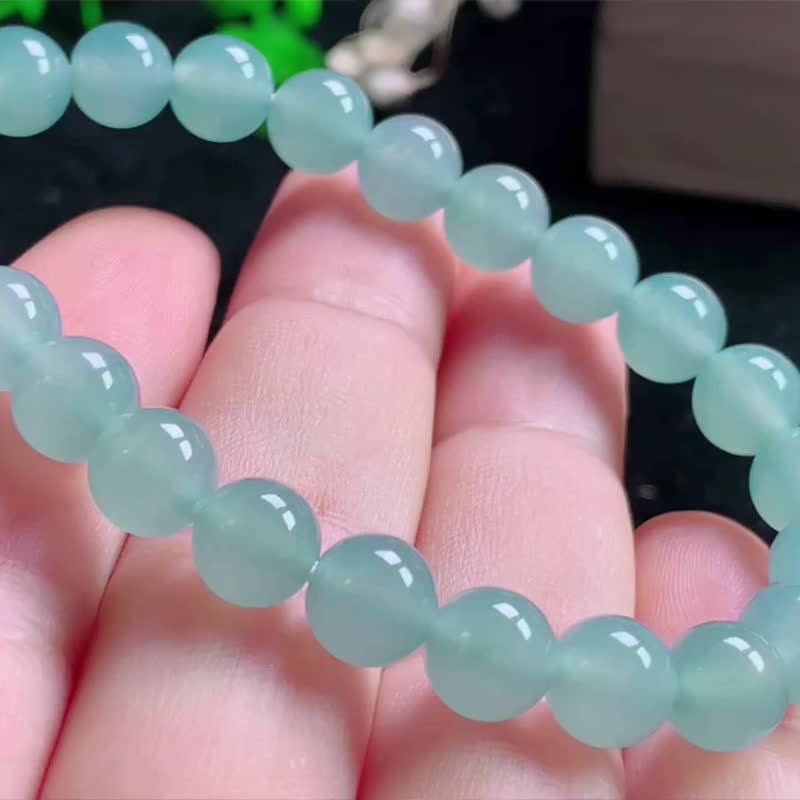 冰種翡翠天然翡翠 A玉 玉珠 玉鏈手鏈 • 冰種冰藍翡翠手串 - 手鍊/手環 - 玉石 藍色