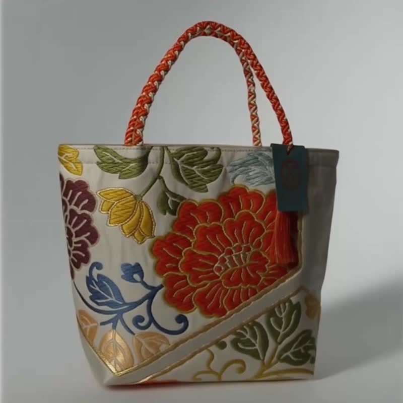 獨一無二真絲和服袋帶托特包, 日本手工刺繡升級改造包, 和風藝術 - 手提包/手提袋 - 絲．絹 多色