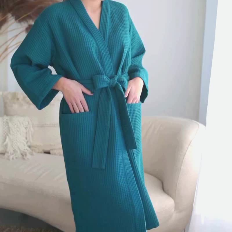華夫格長袍 奢華棉質華夫格睡袍 男女皆宜 NK01 - 居家服/睡衣 - 棉．麻 藍色