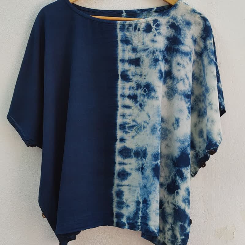 Oversize Summer - Indigo Tie Dyed See Through Blouse - Women's Tops - Cotton & Hemp Blue