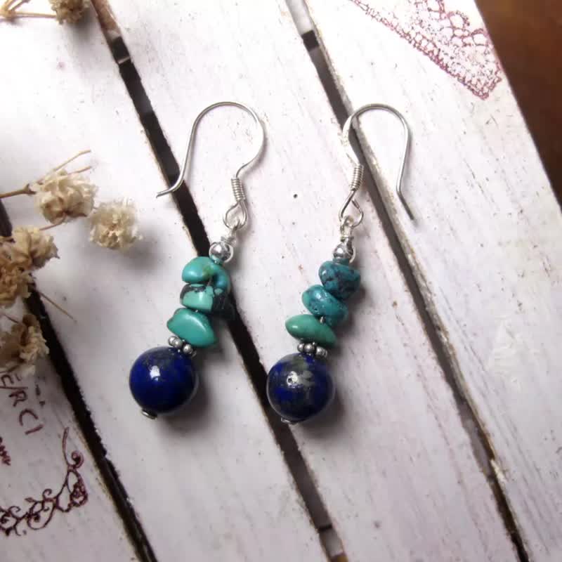 純銀設計耳環 綠松石+青金石(耳勾)/原石 - 耳環/耳夾/耳骨夾 - 石頭 藍色