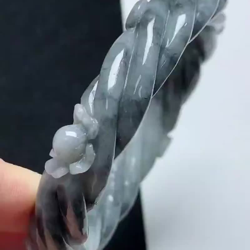 冰種 天然翡翠 緬甸 A玉 玉鐲 • 糯冰種翡翠麻花鐲 - 手鍊/手環 - 玉石 黑色