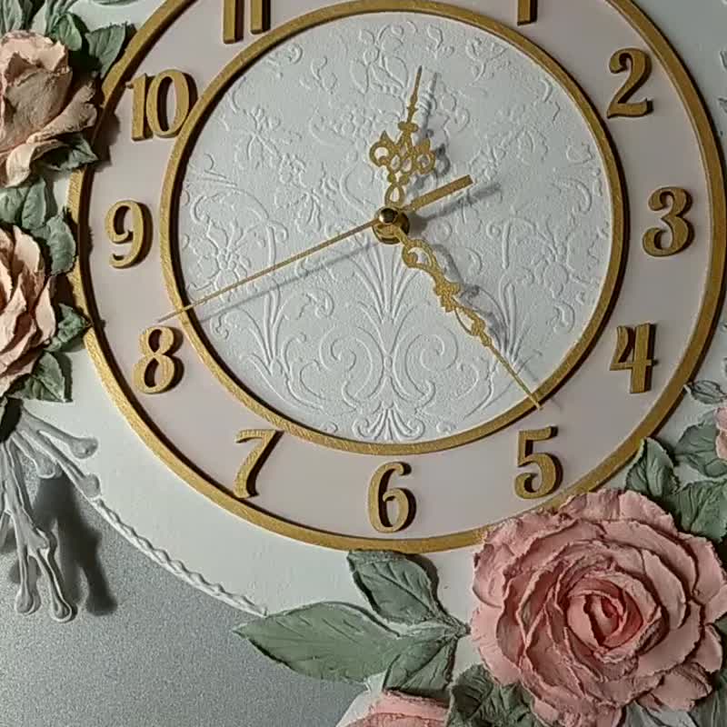掛鐘 Wall clock for girl's nursery Large white wall clock with roses Silent clock - 兒童家具 - 木頭 白色