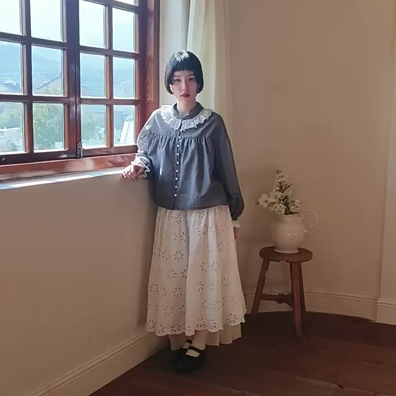 黑白格紋 日系森女格子襯衫 春款寬鬆長袖襯衣上衣 - 女襯衫 - 棉．麻 灰色
