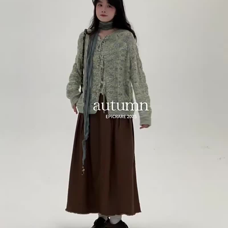 綠色 自然風繫帶鏤空針織衫 文藝復古休閒寬鬆外套 - 背心/無袖上衣 - 羊毛 綠色