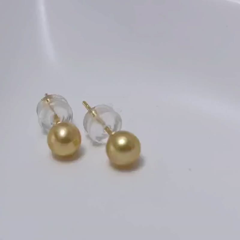 金珠 天然海水珍珠 南洋金珠  S925銀14K注金 耳釘 - 耳環/耳夾/耳骨夾 - 珍珠 金色