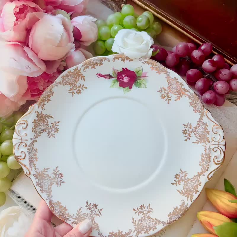 英國製1960年Royal Standard古董手繪玫瑰蛋糕盤 點心盤 生日送禮 - 盤子/餐盤/盤架 - 瓷 多色