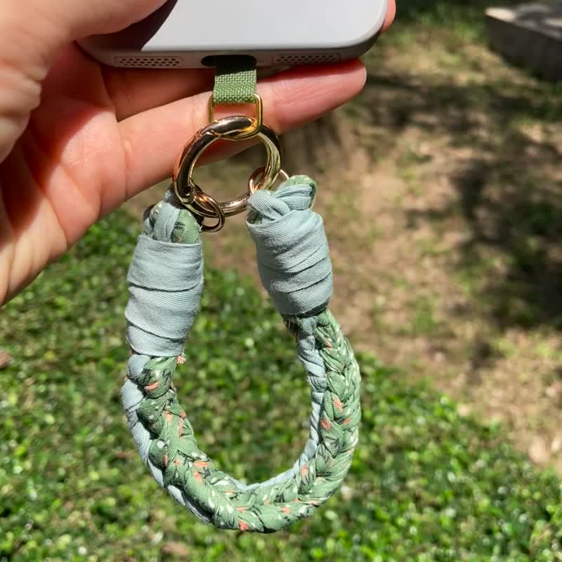 Gray green lake green floral weaving 3way cat collar mobile phone lanyard headdress keychain handmade - อุปกรณ์เสริมอื่น ๆ - ไฟเบอร์อื่นๆ สีเขียว