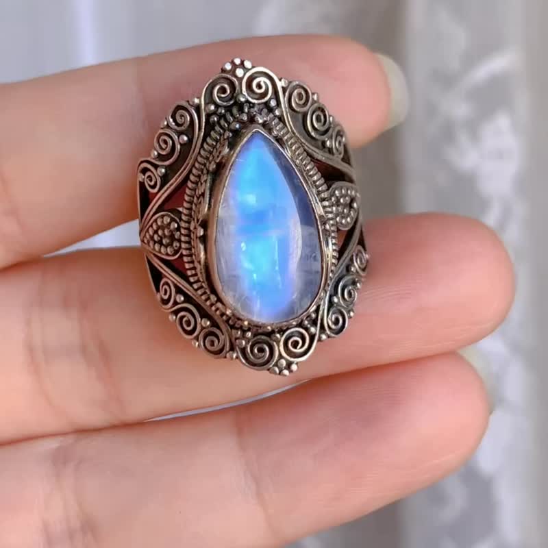 Xiyingyao 925 Silver Moonstone Ring Retro Style Ethnic Style Hollow Ring Handmade Silver Jewelry Opening - General Rings - Crystal Silver