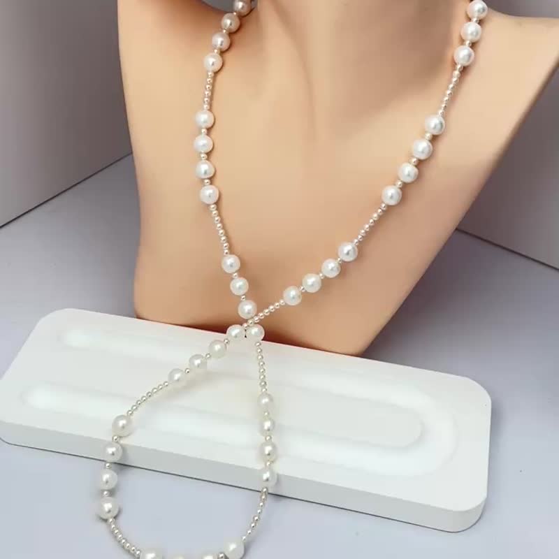 Natural freshwater pearl bright colorful baby bead necklace/sweater chain/multi-circle bracelet - สร้อยคอ - ไข่มุก ขาว