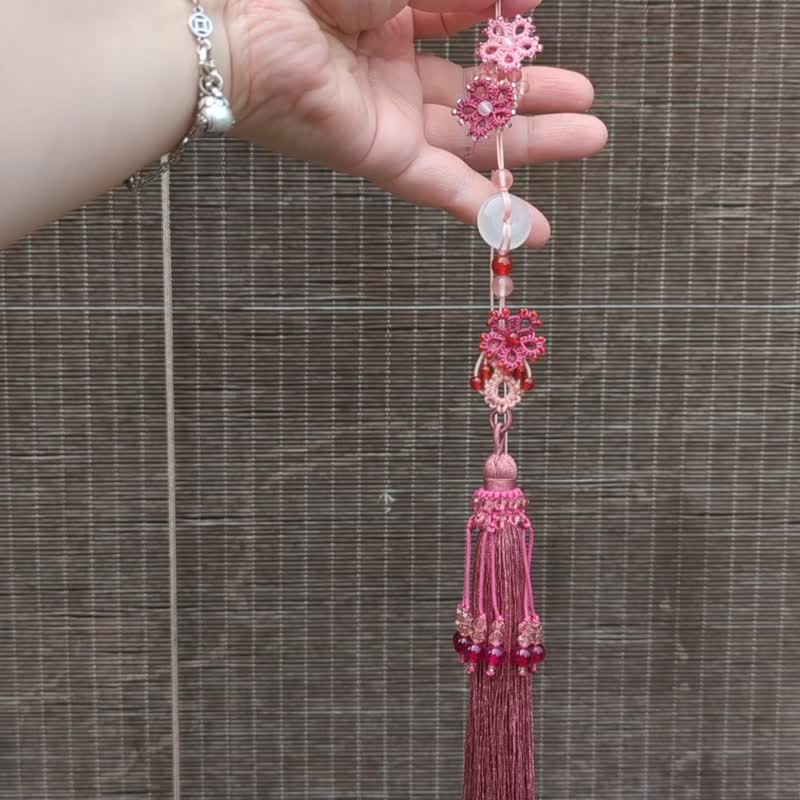 Bag hanging jewelry, waist pendant, tassel crystal pendant, chalcedony, peace buckle, agate, hematite powder tassel - Charms - Semi-Precious Stones Pink