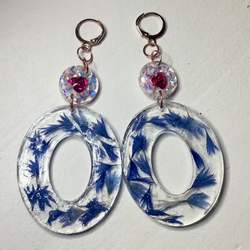 Cornflakes real oressed flower earrings - 耳環/耳夾/耳骨夾 - 樹脂 藍色