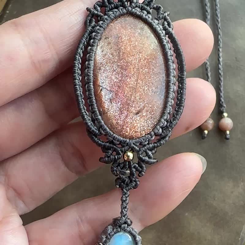 N1187 民族風 蠟線編織 太陽石 月亮石 銅珠 頸鏈 (可調長度) - 項鍊 - 寶石 灰色