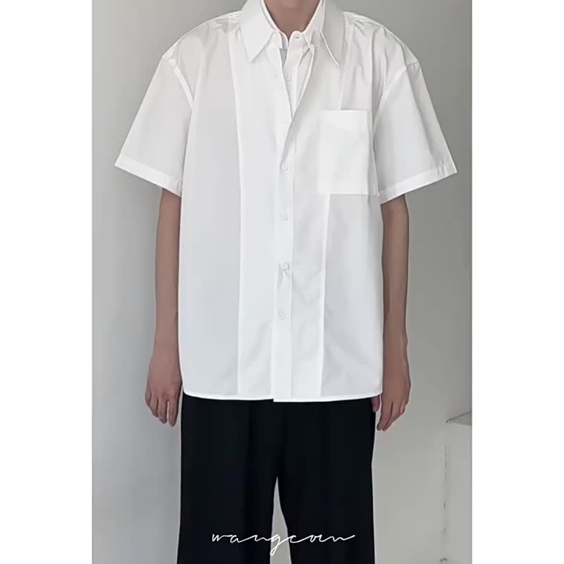 法式極簡 假兩件短袖襯衣 慵懶拼接襯衫 - 男襯衫/休閒襯衫 - 其他材質 白色