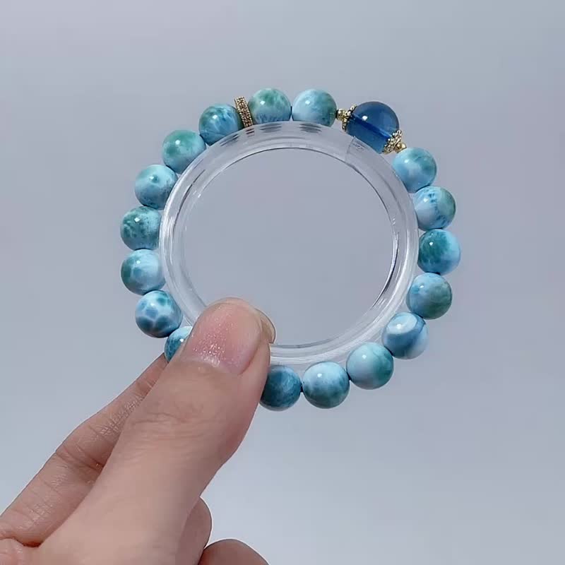 天然礦石 拉利瑪海紋石 9.5 mm 魔鬼海藍寶 手鍊 - 手鍊/手環 - 寶石 藍色