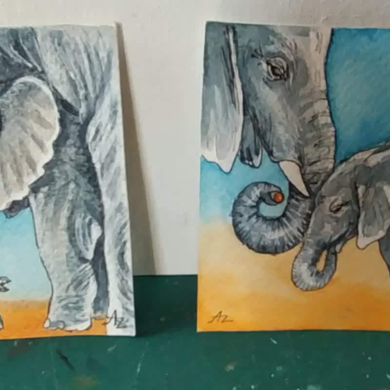 象の絵セット ACEO オリジナルアート 母と赤ちゃん 水彩画 小動物 - ポスター・絵 - 紙 ブルー
