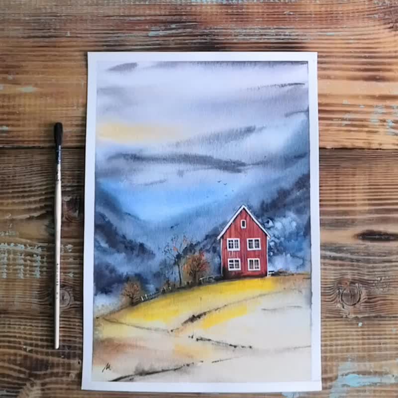 Old House Painting Landscape Original Watercolor Mountains Wall Art - 海報/掛畫/掛布 - 紙 多色