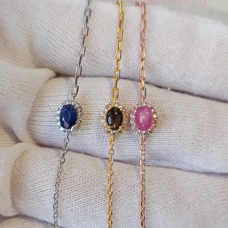 Natural Blue Sapphire Bracelet Sterling Silver 925 With Whitegold Plated. - 手鍊/手環 - 純銀 藍色