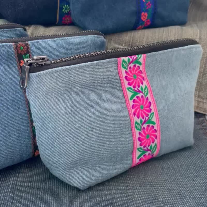 Denim Pouch 牛仔布 收納袋 化妝袋 雜物包 - 化妝包/收納袋 - 棉．麻 白色