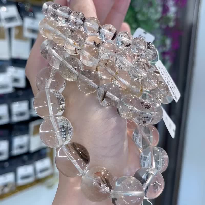 稀少黑銀鈦膠花共生礦水晶手珠小幸運幸福能量與聚財清除負面 - 手鍊/手環 - 水晶 多色
