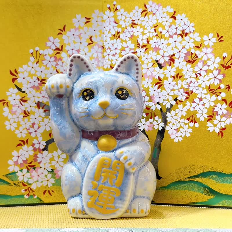 【瑞藤耀彩】日本清水燒招財貓 | 花結晶 銀藤 - 億万両 右 - 擺飾/家飾品 - 瓷 藍色
