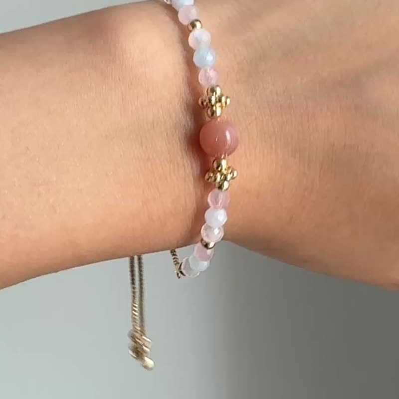 Orange moonstone pink crystal aquamarine moonstone natural stone crystal adjustable bracelet Christmas gift - Bracelets - Other Metals Pink