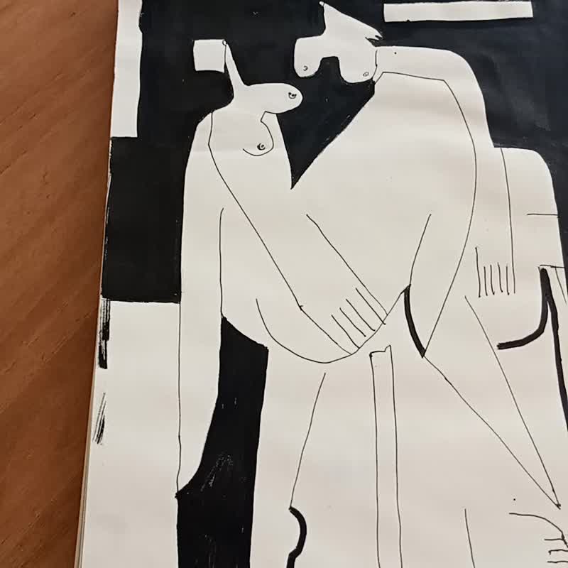 椅子に座った女性のヌードの描画の動き、キュビズムスタイル、白黒アートの描画 - ポスター・絵 - 紙 ホワイト