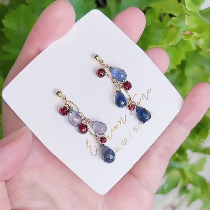 紫藍堇青石 石榴石不對稱長鍊耳環水晶 - 耳環/耳夾/耳骨夾 - 水晶 紫色