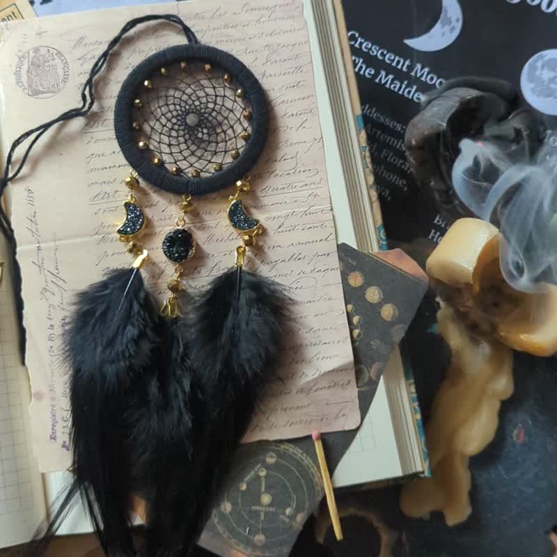 Dream catcher Black Triple Moon Car Rear View Mirror Charm | Moon phases decor - 壁貼/牆壁裝飾 - 繡線 黑色