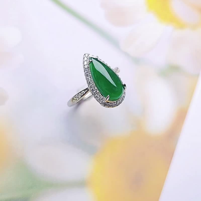 Cai Shui|Noble Big Water Drop|Natural Grade A jade sterling silver plated 18k ring - General Rings - Jade 