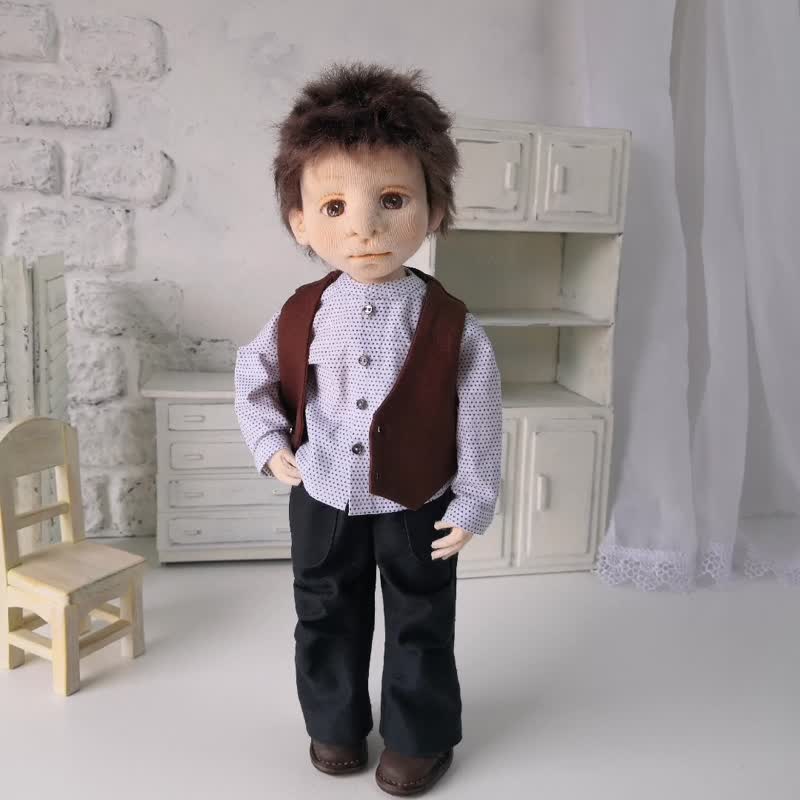 Handmade boy doll with brown hair 12.9 inches. An artistic doll. Rag doll. - ตุ๊กตา - ผ้าฝ้าย/ผ้าลินิน 