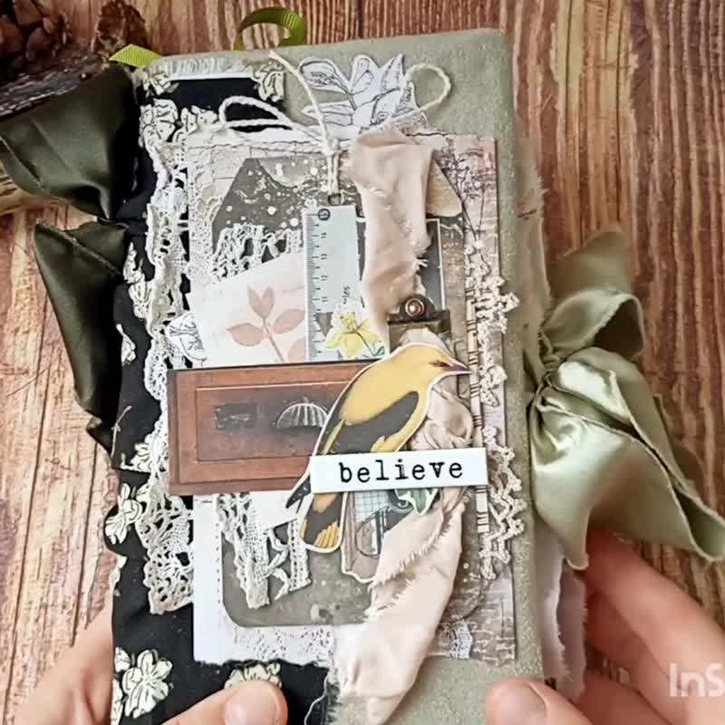 Forest birds junk journal handmade Woodland nature notebook for sale - 筆記本/手帳 - 紙 綠色