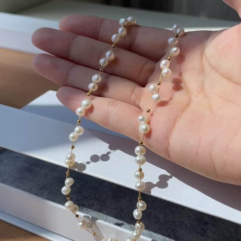 品牌訂製款 天然淡水珍珠編織項鍊 鎖骨鍊 316L醫療鋼18k金 - 項鍊 - 珍珠 金色