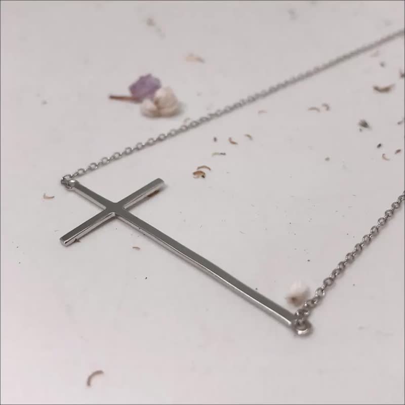 Silver Cross Simple Clavicle Necklace Sideways Platinum-Clad Thin 1mm Chain - Collar Necklaces - Sterling Silver Silver